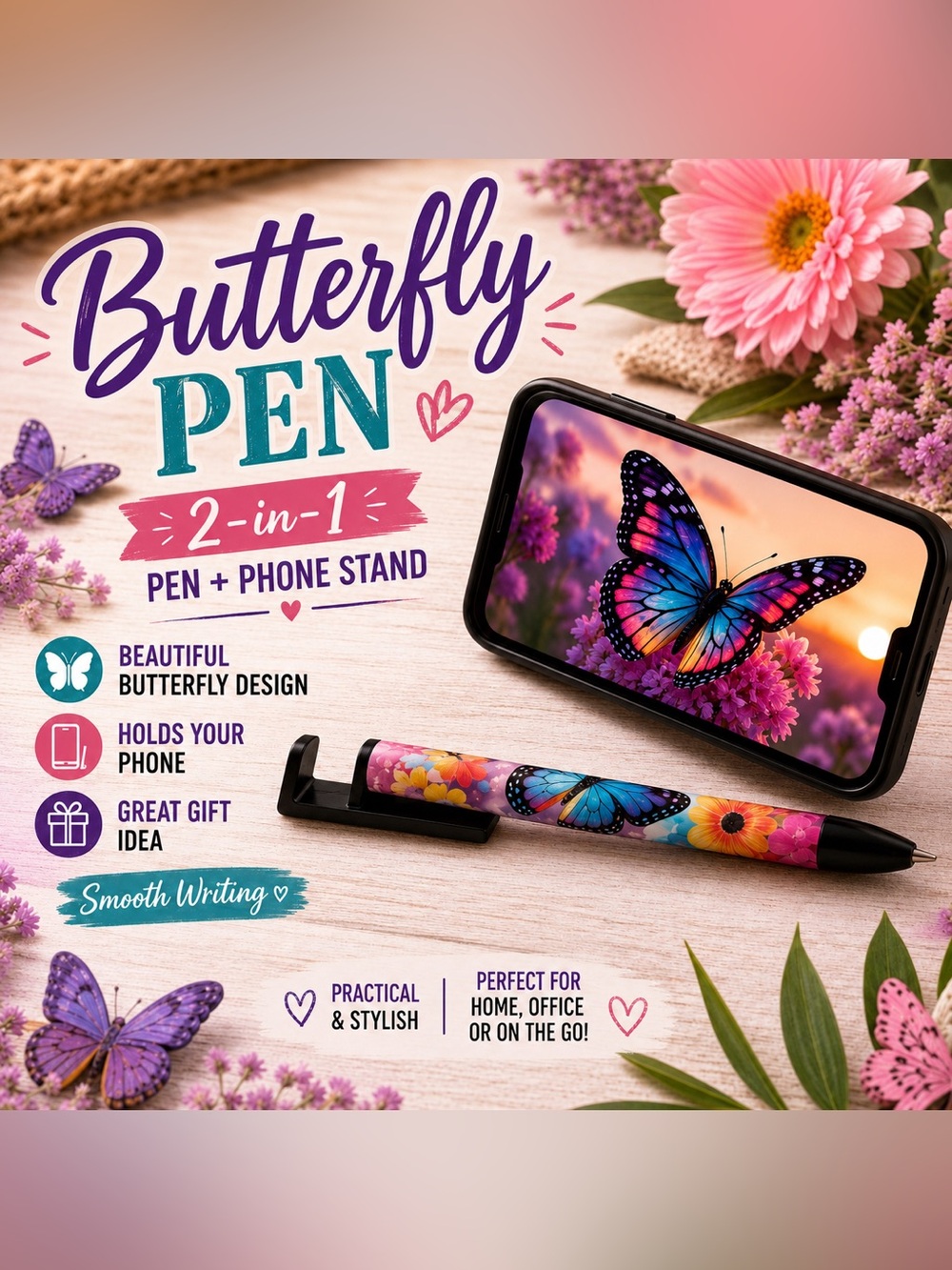 Butterfly Floral Phone Stand Pen
